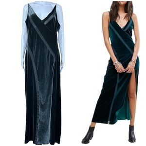 Free People Spliced Fairy Grunge Velvet Maxi Dress Large Forest Green Whimsigoth